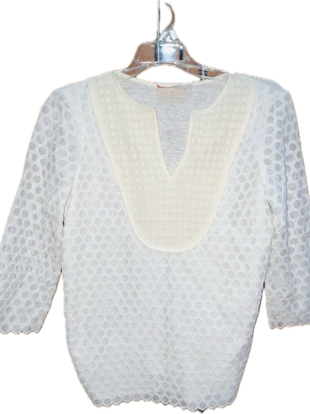 Tory Burch Tali White Honeycomb Blouse with Cream Lace Yoke XS
